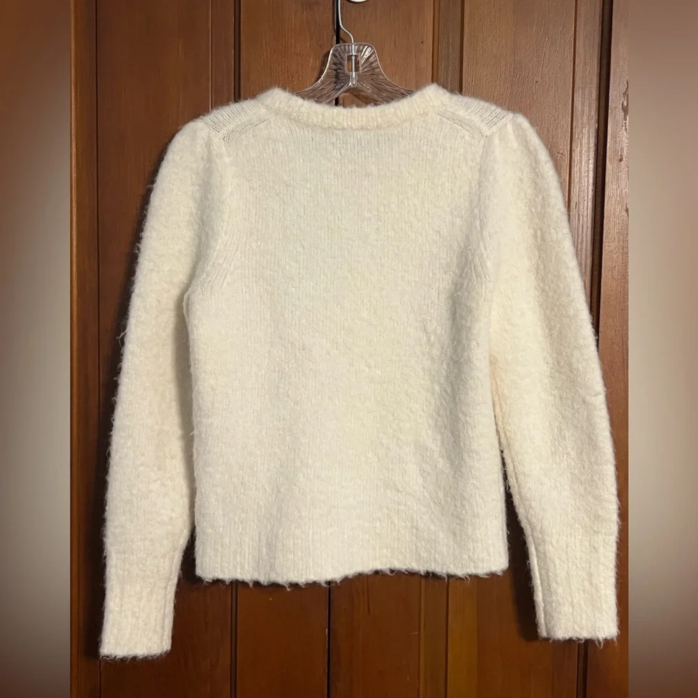 J Crew Puff-sleeve Fuzzy Crewneck Sweater Winter White Alpaca‎ Merino Wool Blend